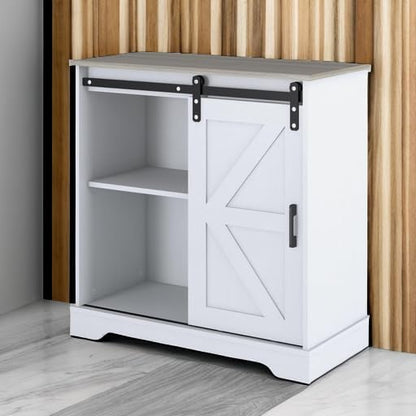 Panana Sliding Barn Door Buffet Sideboard Storage Cabinet Coffee Bar Kitchen Farmhouse Style (White Cabinet Nature Top)