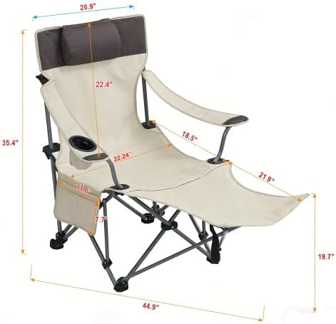Adjustable Folding Beach Chair, Portable Camping Chair for Adults with Backrest, Reclining Outdoor Chair with Cup Holder & Pocket, Foldable Low Beach Chair for Camping, Picnic, Beige