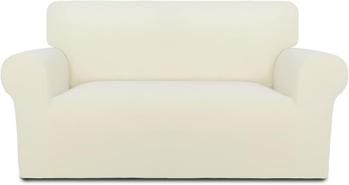PureFit Stretch Loveseat Covers Fleece Couch Covers for Sofa Ivory | 1-Piece Sofa Slipcover Soft Couch Protector, Sofa Cover Washable with Non Skid Foam and Elastic Bottom for Kids, Dogs