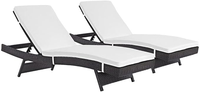 Modway Convene Wicker Rattan Outdoor Patio Chaise Lounge Chairs in Espresso White - Set of 2