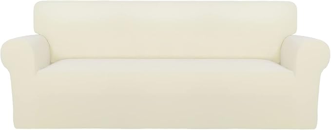 PureFit Stretch Couch Covers for Sofa Large Sofa Slipcovers Ivory | 1-Piece Sofa Cover Washable Soft Couch Protector, Couch Slipcover with Non Skid Foam and Elastic Bottom for Kids, Dogs