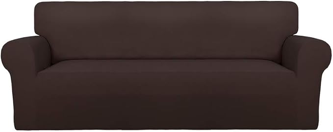 PureFit Stretch Oversized Couch Covers Fleece Sofa Slipcovers Chocolate | 1-Piece Sofa Cover Washable Soft Couch Protector, Couch Slipcover with Non Skid Foam and Elastic Bottom for Kids, Dogs