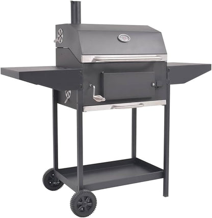 Heavy Duty Outdoor Charcoal Smoker with 1 Cooking Chamber, Firebox, Thermometer, Side Tables, Bottom Shelf, and 2 Wheels, Black