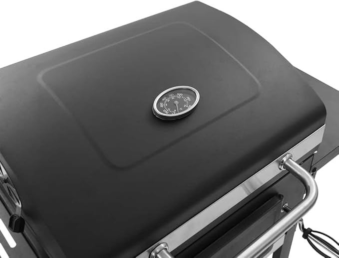 Heavy Duty Charcoal BBQ Grill with Bottom Shelf, Black Powder-Coated Steel, 2 Enamelled Cooking Grids, Foldable Side Tables, Thermometer Hood, 2 Castors