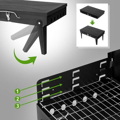 Portable Charcoal Grill 40cm - Heavy-Duty BBQ Smoker with Thermometer & Dual Doors, Perfect for Camping, Beach, Garden, Patio & Backyard - Compact Black 44x27x7cm