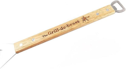 Grill-de-Beast 6-in-1 Stainless Steel Spatula with Engraved Wood Handle – Ultimate Grilling Tool for Burgers, Steaks, Veggies & More!