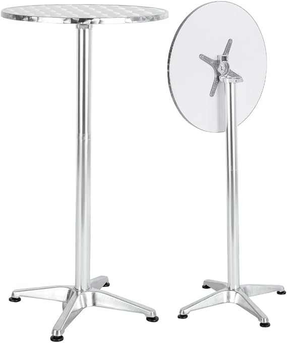 Aluminum Indoor Outdoor 23.75" Round Restaurant Bar Height 45" Table flip top, Patio Stainless Steel Silver Furniture 25.75" Base