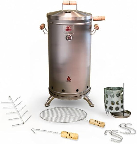 (30 Pound) 2-in-1 Smoker Barrel Vertical Grill - Premium 304 Stainless Steel - Barril Charcoal BBQ Thermometer & Ventilation - Cooking Accessories Meat Kit - Portable Outdoor, Camping - QUE ASADOR