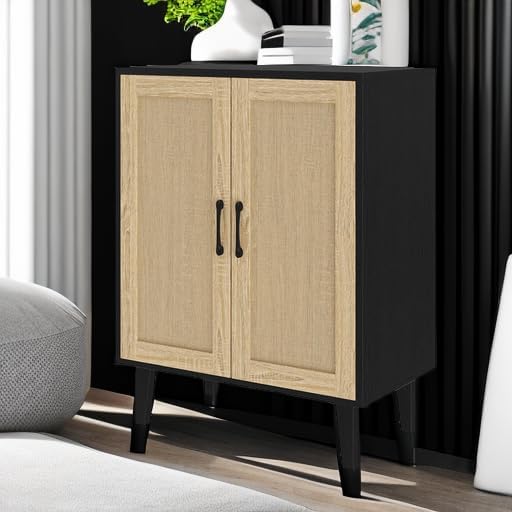 Panana Buffet Cabinet Sideboard with Rattan Decorated Doors Kitchen Storage Cupboard Accent Cabinet (Black)