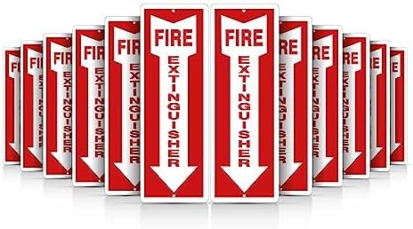 OLANZU Fire Extinguisher Signs For Business - Pack of 12 - Metal Fire Extinguisher Sign 4" x 12" Aluminum - UV Protected for Indoors & Outdoors