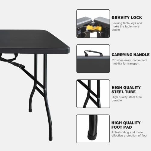 IDEALHOUSE 6 Ft Plastic Folding Table, Portable Fold-in-Half Table with Iron Legs, Carrying Handle, Outdoor Rectangular Fold Out Table for Dining, Picnic, Party, Camping, Barbecues, Black