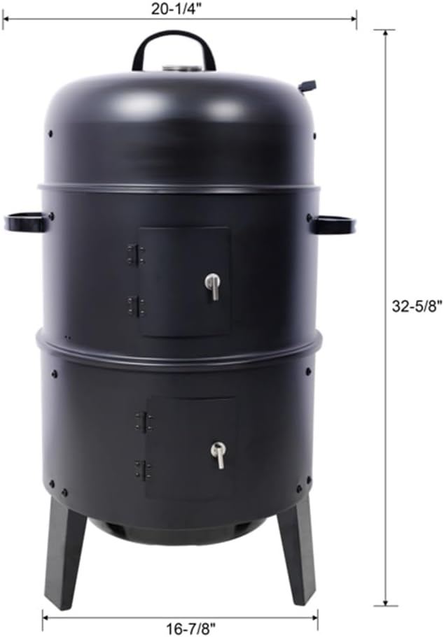 3-in-1 Vertical Charcoal Smoker Grill, 2-Tier BBQ Grill with Built-in Thermometer, Adjustable Air Vent, Dual Access Doors & Porcelain Pans for Grilling, Roasting