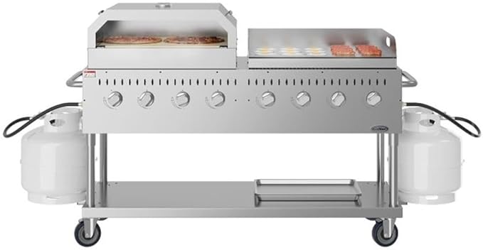 Pemberly Row 60" Commercial Outdoor Propane BBQ Grill with Pizza Oven Attachment, 8-Burner Stainless Steel Gas Grill