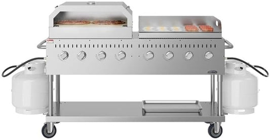 Pemberly Row 60" Commercial Outdoor Propane BBQ Grill with Pizza Oven Attachment, 8-Burner Stainless Steel Gas Grill