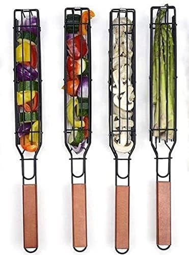 Outset Non-Stick Kabob Grill Basket, Set of 4 19.5" x 2" x 1.5" BBQ Baskets | Easily Make Kabob Skewers On The Grill | Set of 4 Durable Carbon Steel Grill Baskets With Wood Handles | Barbeque Essentials