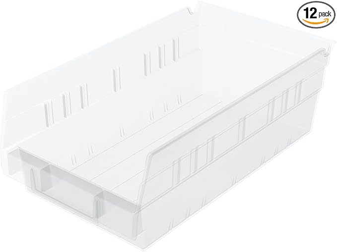 Akro-Mils 30130 Heavy Duty Plastic Shelf Bins, 12"x 6.5"x 4", Clear, 12-Pk | Heavy Duty Nesting Storage Bins for Garage, Closet, Refrigerator, Kitchen, Cabinet, Drawer Organization, Pantry Organization