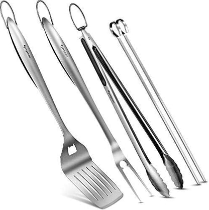 Heavy Duty Utensils 3-4 Piece Set. Spetula, Fork Tong, and skewers (5 Piece)