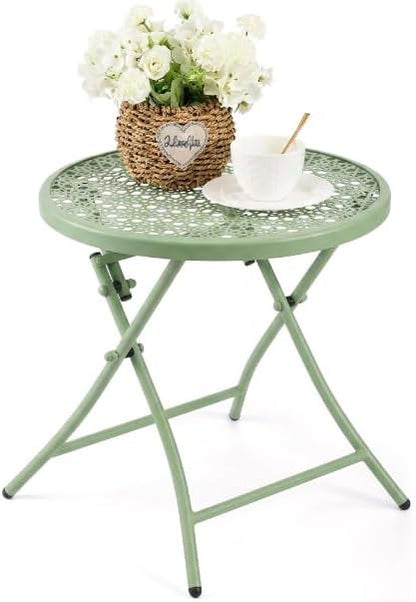 TeoKJ Folding Outdoor Small Side Tables | Anti Rust Small Patio Table Round Metal Nightstand with Flower Cutouts for Porch Yard Balcony Deck Lawn, Green