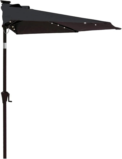 Helios&Hestia 9 ft Small Half Round Solar Powered Wall Outdoor Market Patio Umbrella with LED Lights and Tilt for Garden, Deck, Balcony