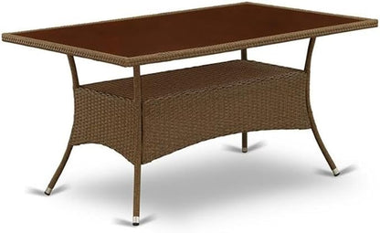East West Furniture OSBK7-02A 7 Piece Outdoor Wicker Patio Furniture Sets Consist of a Rectangle Bistro Table with Glass Top and 6 Balcony Armchair with Cushion, 36x60 Inch, Brown