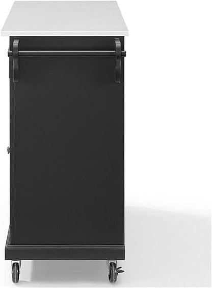 Crosley Furniture Full Size Stone Top Rolling Kitchen Island Storage Cart, Microwave Stand, Spice Rack, Black