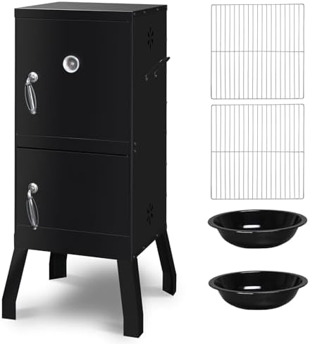 Portable Charcoal Grill - Heavy-Duty Outdoor BBQ Smoker with Thermometer & Doors, Perfect for Camping, Beach, Garden, Patio & Backyard, Black, 40.5x39x101.5cm