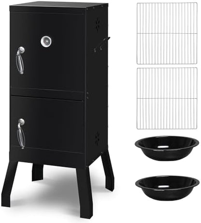 Portable Charcoal Grill - Heavy-Duty Outdoor BBQ Smoker with Thermometer & Doors, Perfect for Camping, Beach, Garden, Patio & Backyard, Black, 40.5x39x101.5cm