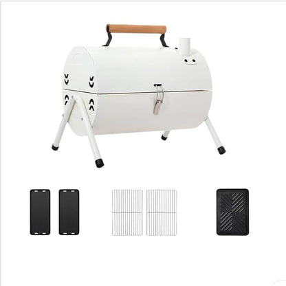 Portable Charcoal BBQ Grill, 16.7x11.4x11.6 inches, Foldable Steel Construction with Ash Pan, Smokeless Design for Camping and Outdoor Cooking (Circular oven [White with baking tray])