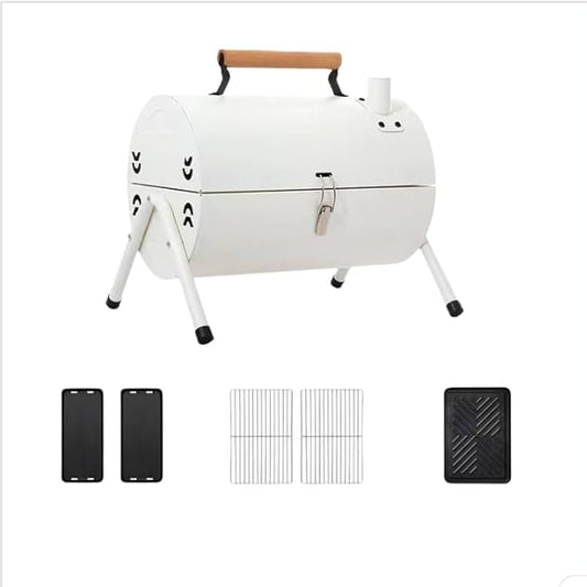 Portable Charcoal BBQ Grill, 16.7x11.4x11.6 inches, Foldable Steel Construction with Ash Pan, Smokeless Design for Camping and Outdoor Cooking (Circular oven [White with baking tray])