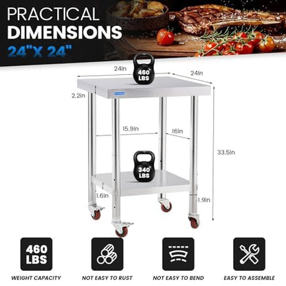 KUARBARR Stainless Steel Table for Prep & Work with Undershelf 24 x 24 Inches NSF Metal Commercial Kitchen Prep Table with Adjustable Under Shelf Worktable for Restaurant Home Outdoor