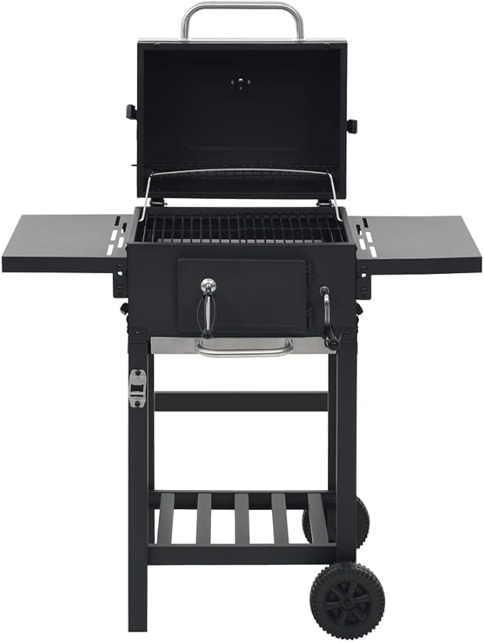 Charcoal-Fueled BBQ Grill,Charcoal BBQ Barbecue Grill Camping Stand for Outdoor Cooking Heavy Duty,for Tailgating Patio Backyard Camping and Anywhere,With 2 Wheels, with Bottom Shelf Black