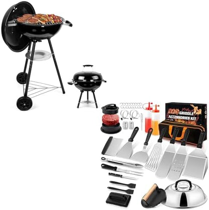 Joyfair Kettle Charcoal Grill (18 Inch) & 35Pcs Griddle Accessories Kit, Outdoor Barbecue Grill with Stainless Steel Griddles Spatula Burger Press Basting Cover Hamburger Patty Maker for Outdoor BBQ