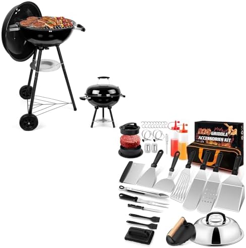 Joyfair Kettle Charcoal Grill (18 Inch) & 35Pcs Griddle Accessories Kit, Outdoor Barbecue Grill with Stainless Steel Griddles Spatula Burger Press Basting Cover Hamburger Patty Maker for Outdoor BBQ