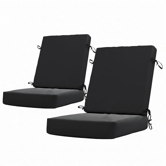 California Umbrella Outdoor Dining Chair, Set of 2 Patio Seat Cushions, 20 x 40 Inch, Premium Outdoor Memory Foam, Fade Resistant, Sunbrella Fabric, Fabric Ties, Black