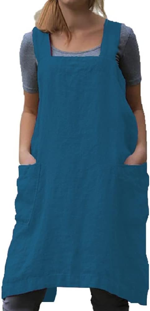 TBA Cotton Linen Apron Cross Back Apron for Women with Big Pockets Square Pinafore Dress for Baking Cooking BBQ & Grill