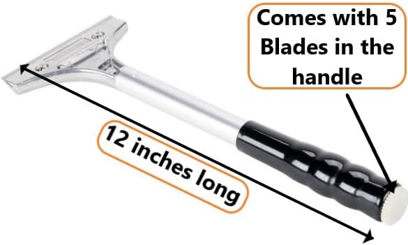 12" Multi-Purpose Grill Scraper with 5 Replaceable 4" Blades – Heavy-Duty Die-Cast Blade Holder, Scratch-Free Contoured Base, Storage Handle for Extra Blades (Scraper with 5 Blades)