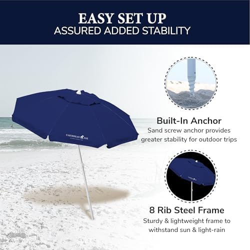 Caribbean Joe Beach Umbrella, Portable and Adjustable Tilt Sun Umbrella with UV Protection, Vented Canopy, Full 6.5 ft Arc