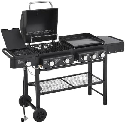 3-in-1 Outdoor BBQ Grill Combo – Gas & Charcoal Grill with Side Burner, Large Cooking Area, Multi-Function Barbecue Grill with Side Shelves & Wheels for Backyard, Patio & Party