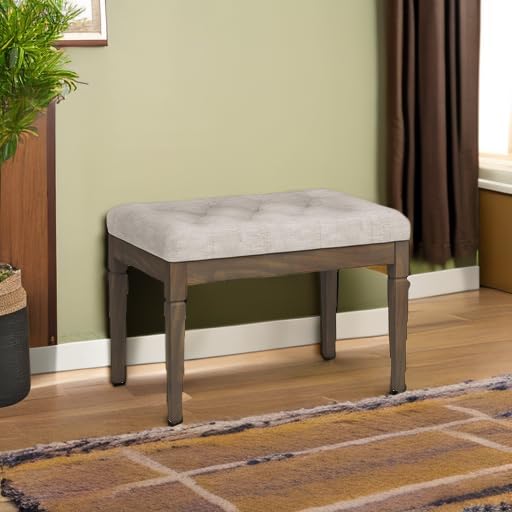 SIMPLIHOME Dahlia 18" x 46" Solid Wood Outdoor Indoor Bench in Grey | Natural linen look, traditional tufted ottoman bench with carved legs; ideal bedroom or living room footstool or footrest.