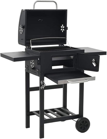 Heavy Duty Charcoal BBQ Grill with Bottom Shelf, Black Powder-Coated Steel, 2 Enamelled Cooking Grids, Foldable Side Tables, Thermometer Hood, 2 Castors