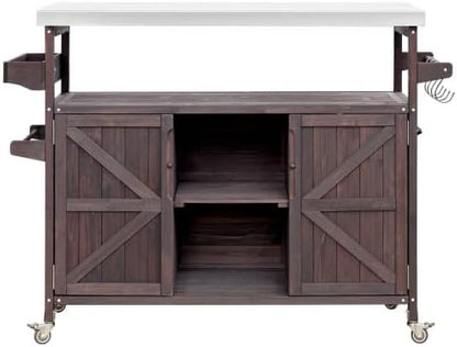 Bellemave Outdoor Kitchen Island with Stainless Steel Top, Rolling Bar Cart & Storage Cabinet, Outdoor Grill Cart with Spice & Towel Rack, Rolling Island Table for Kitchen & BBQ, Dark Brown
