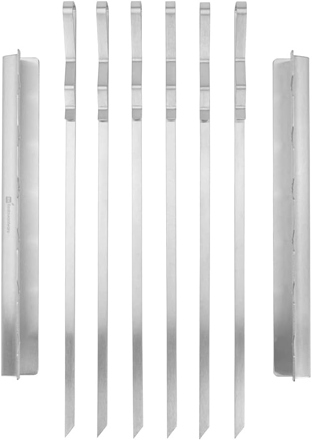 Restaurantware Met Lux 16.9 Inch Barbecue Skewers With Racks 8 Piece Heavy-Duty Shish Kabob Skewer Set - Brings 6 Skewers Includes 2 Grill Racks Stainless Steel Grilling Skewer Set Reusable