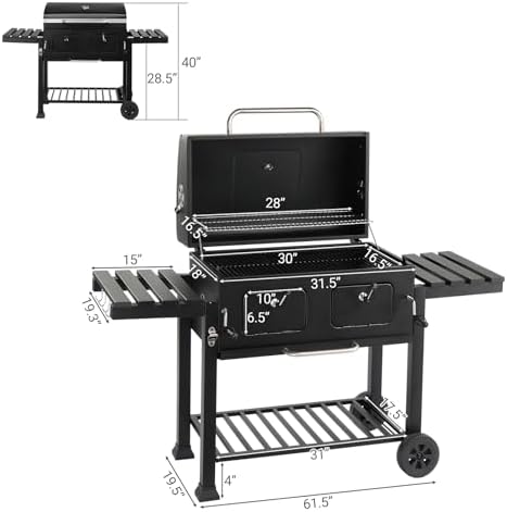 Portable Charcoal Grill 40" - Heavy-Duty Outdoor BBQ Smoker with Thermometer & Access Doors, Perfect for Camping, Beach, Garden, Patio & Backyard, 155.5x49x101cm, Black
