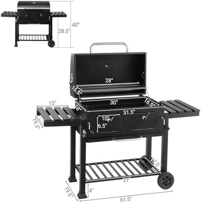 Portable Charcoal Grill 40" - Heavy-Duty Outdoor BBQ Smoker with Thermometer & Access Doors, Perfect for Camping, Beach, Garden, Patio & Backyard, 155.5x49x101cm, Black