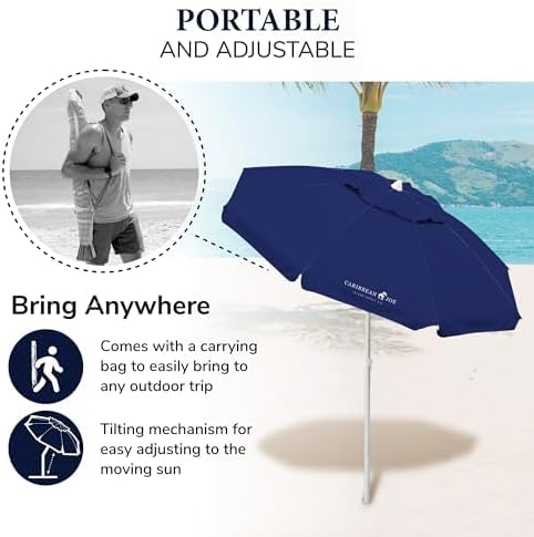 Caribbean Joe Beach Umbrella, Portable and Adjustable Tilt Sun Umbrella with UV Protection, Vented Canopy, Full 6.5 ft Arc