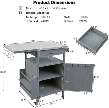 Outdoor Grill Cart with Stainless Steel Top, 40.5”Solid Wood BBQ Prep Table for Pizza Oven, Mobile Outdoor Kitchen Island with Drop Leaf, Storage Cabinet, Towel Rack & Spice Holder for Patio