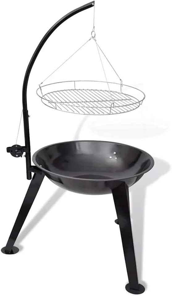 Charcoal Barbecue Stand with 22.8 Inch Height Adjustable Hanging Grill Plate, Round Steel BBQ Grill for Grilling, Baking, Smoking at Picnics, Parties, Campings