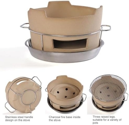 Compact Ceramic Charcoal Grill for Outdoor and Indoor Use Portable Round Clay Fire Pit Ideal for Camping and Home Cooking (One Color L)