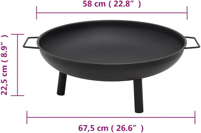 Outdoor Steel Fire Pit Bowl 26.6"x22.8"x8.9", Black Powder-Coated, Portable Patio Heater with Handles for Garden, Backyard, Camping, Wood Burning