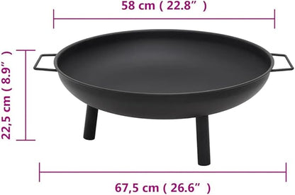 Outdoor Steel Fire Pit Bowl 26.6"x22.8"x8.9", Black Powder-Coated, Portable Patio Heater with Handles for Garden, Backyard, Camping, Wood Burning
